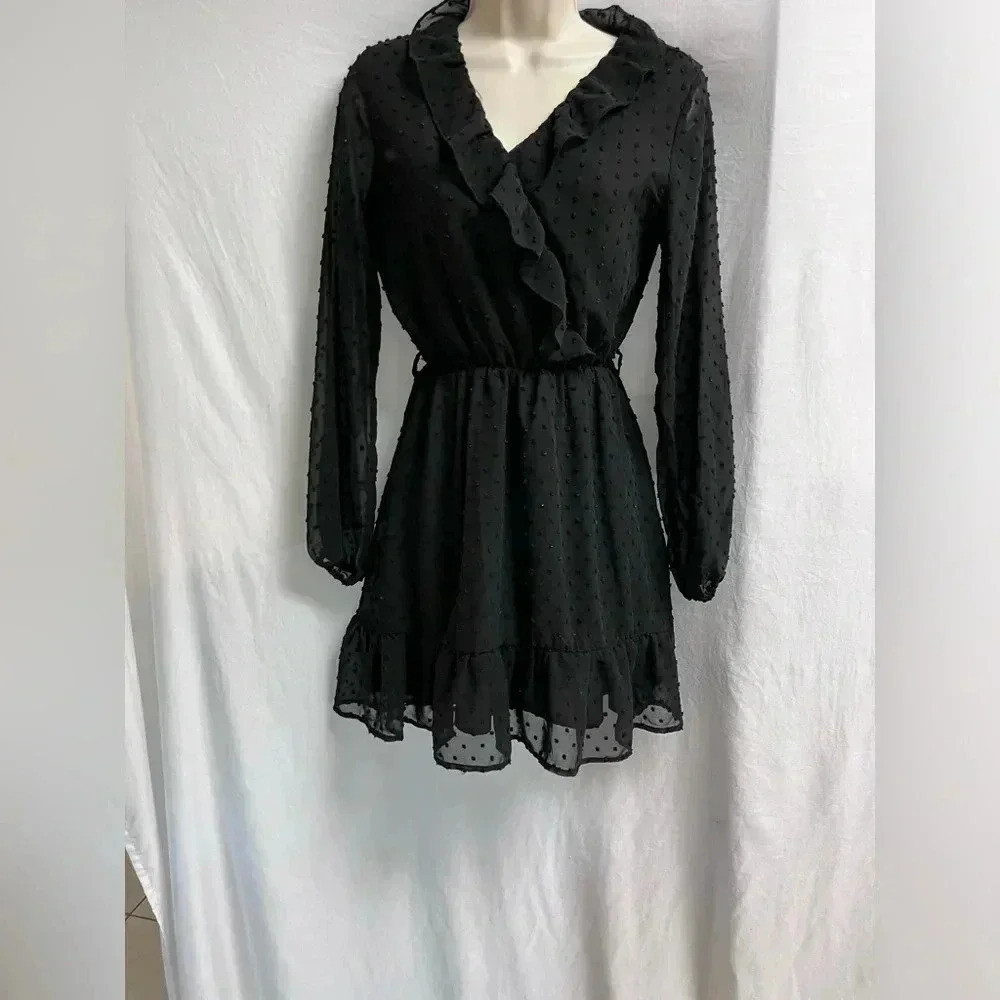 SHEIN Black Swiss Dot Ruffle Mini Dress 🖤✨ XS • Chic • Flowy • Long Sleeve - Picture 2 of 6